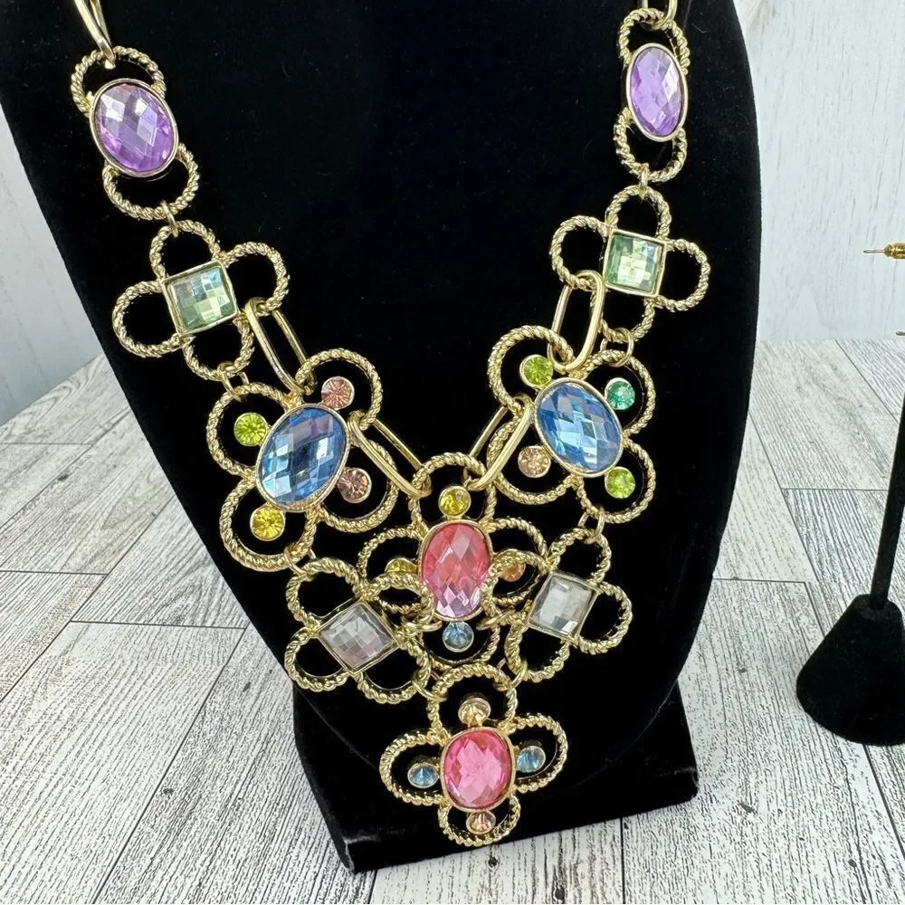 Pastel Gemstone Statement Bib Necklace Earrings Set‎ Rhinestone Soft Girl